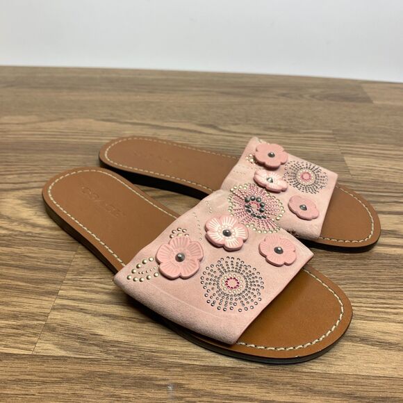 Coach Slides with Tea Rose Blossom Rivets In Chalk Pink Flower Sandal Flats 8.5B - Picture 1 of 9